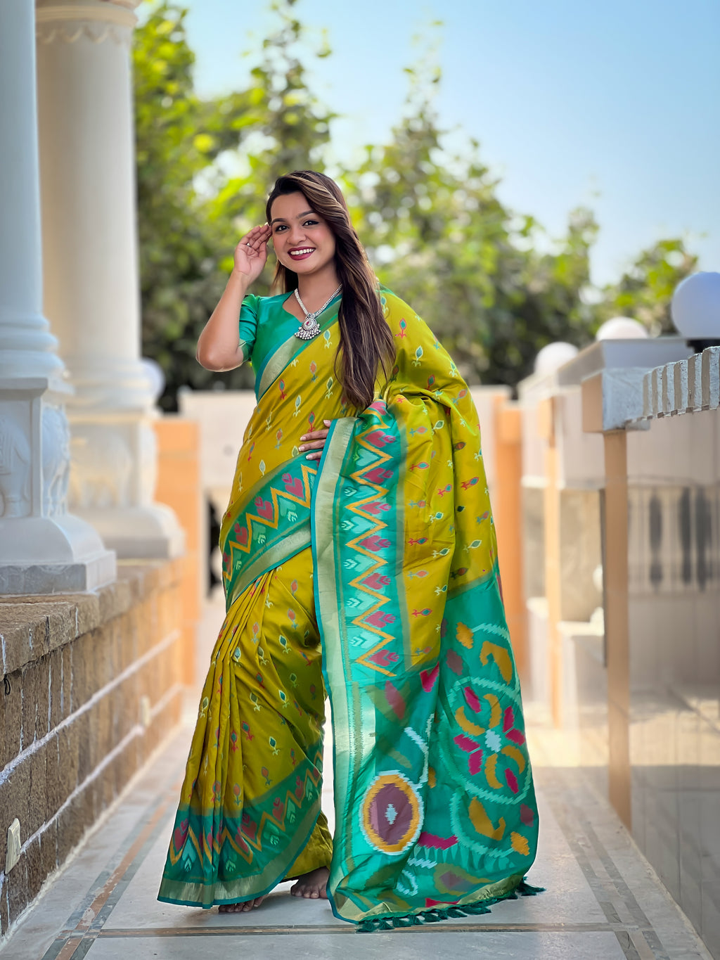 Stunning Bright Ikat Style Silk Saree