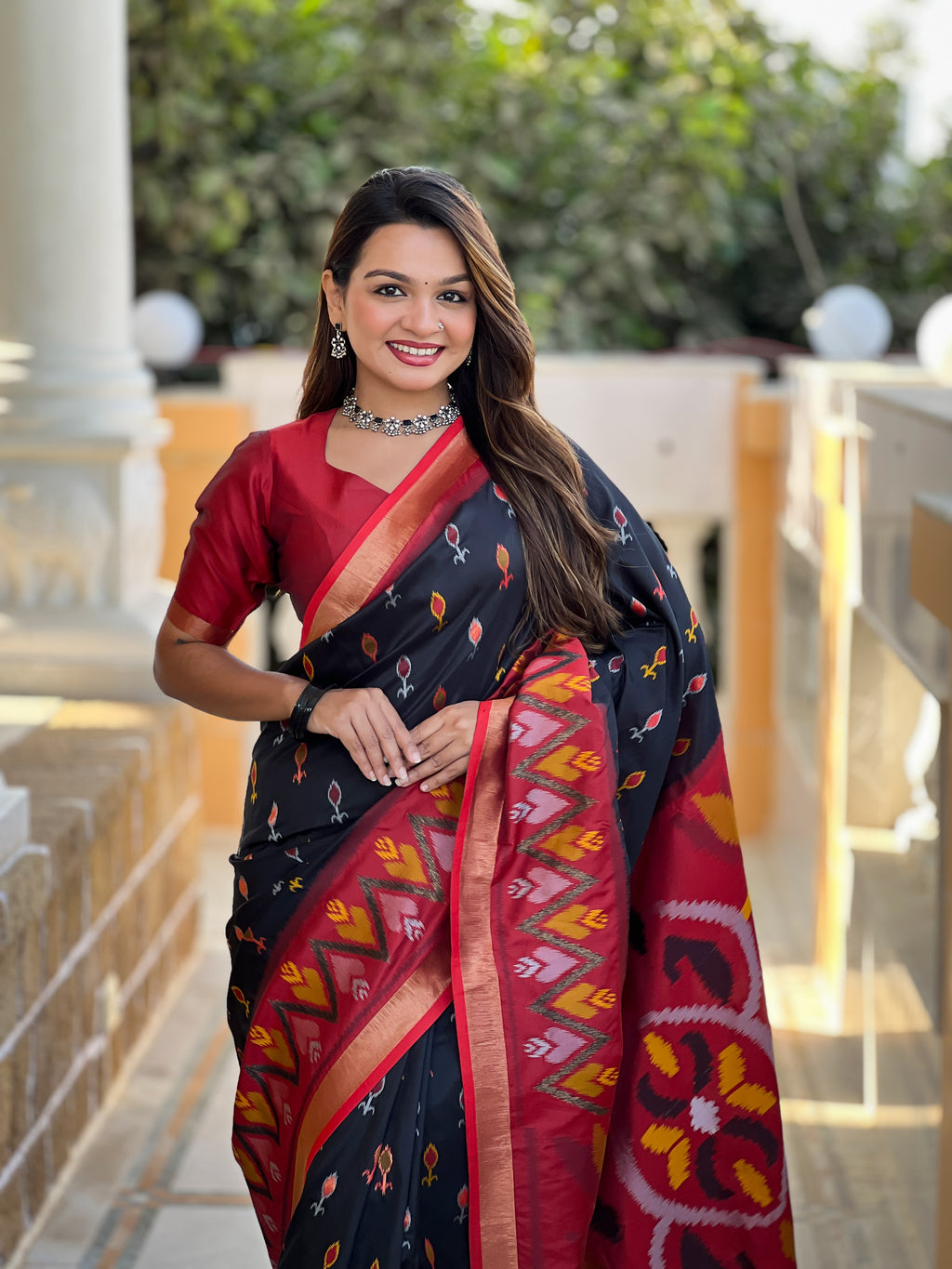 Stunning Bright Ikat Style Silk Saree
