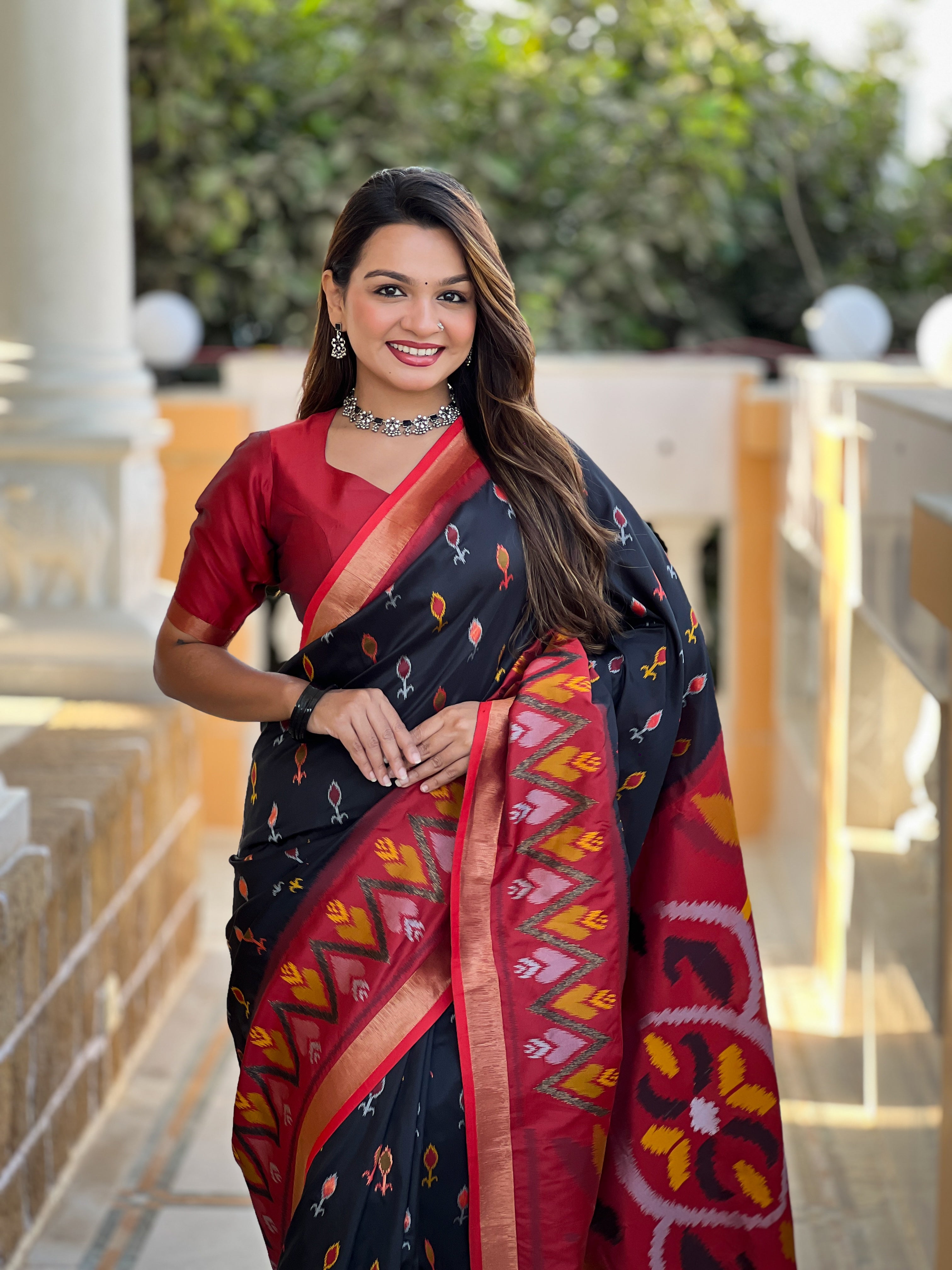 Stunning Bright Ikat Style Silk Saree