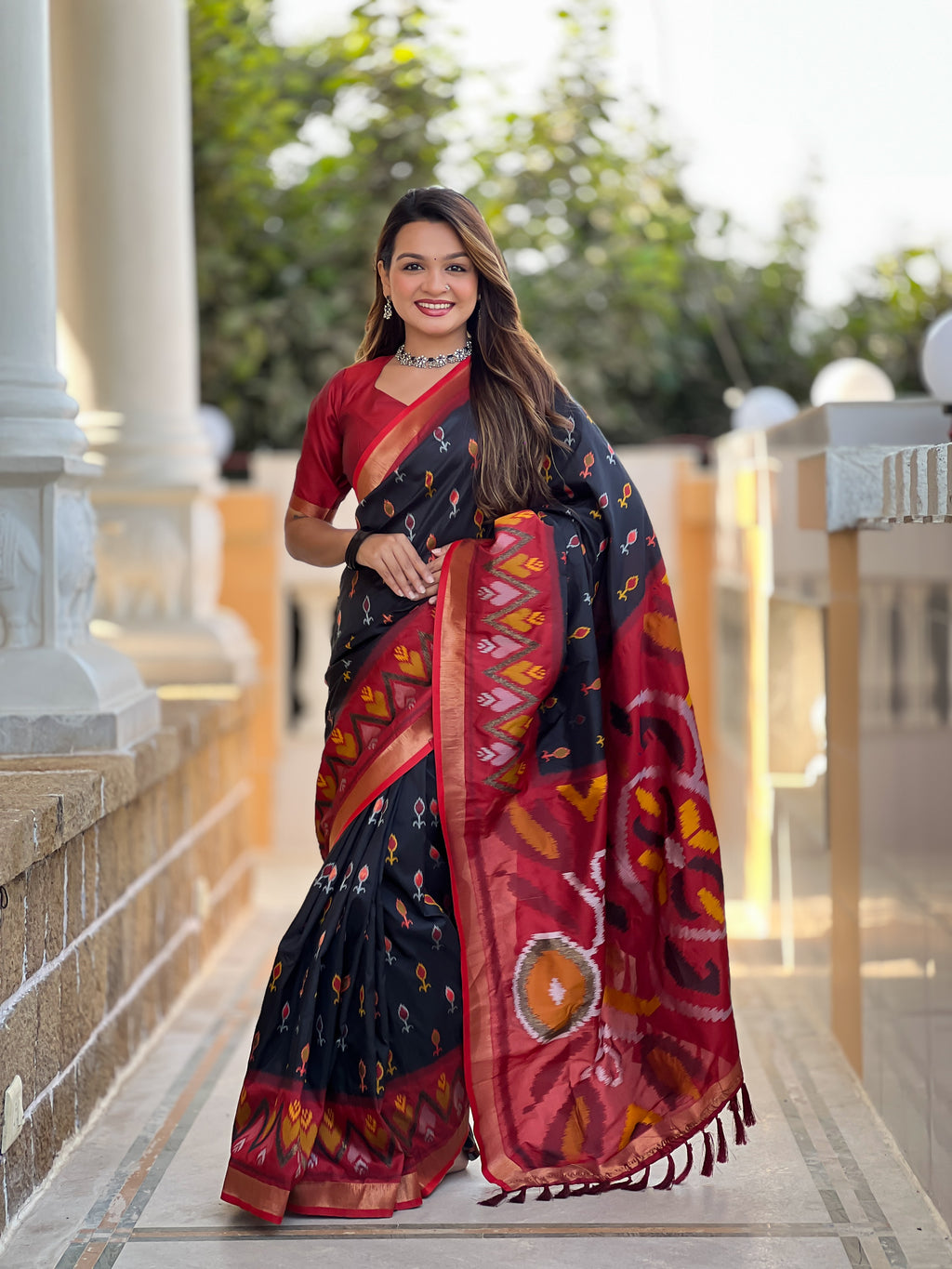 Stunning Bright Ikat Style Silk Saree