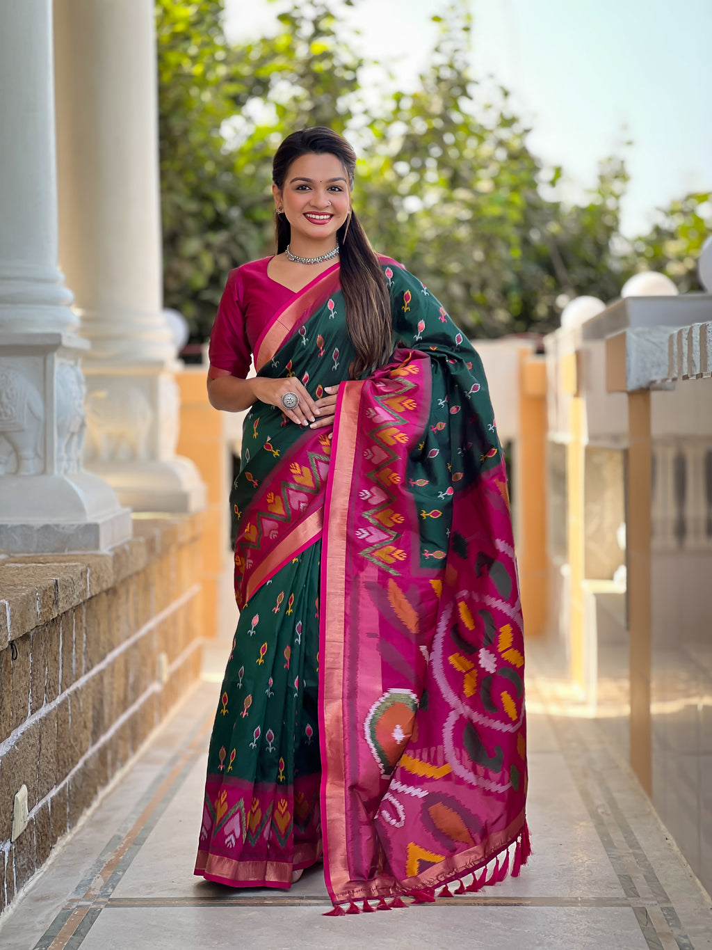Stunning Bright Ikat Style Silk Saree