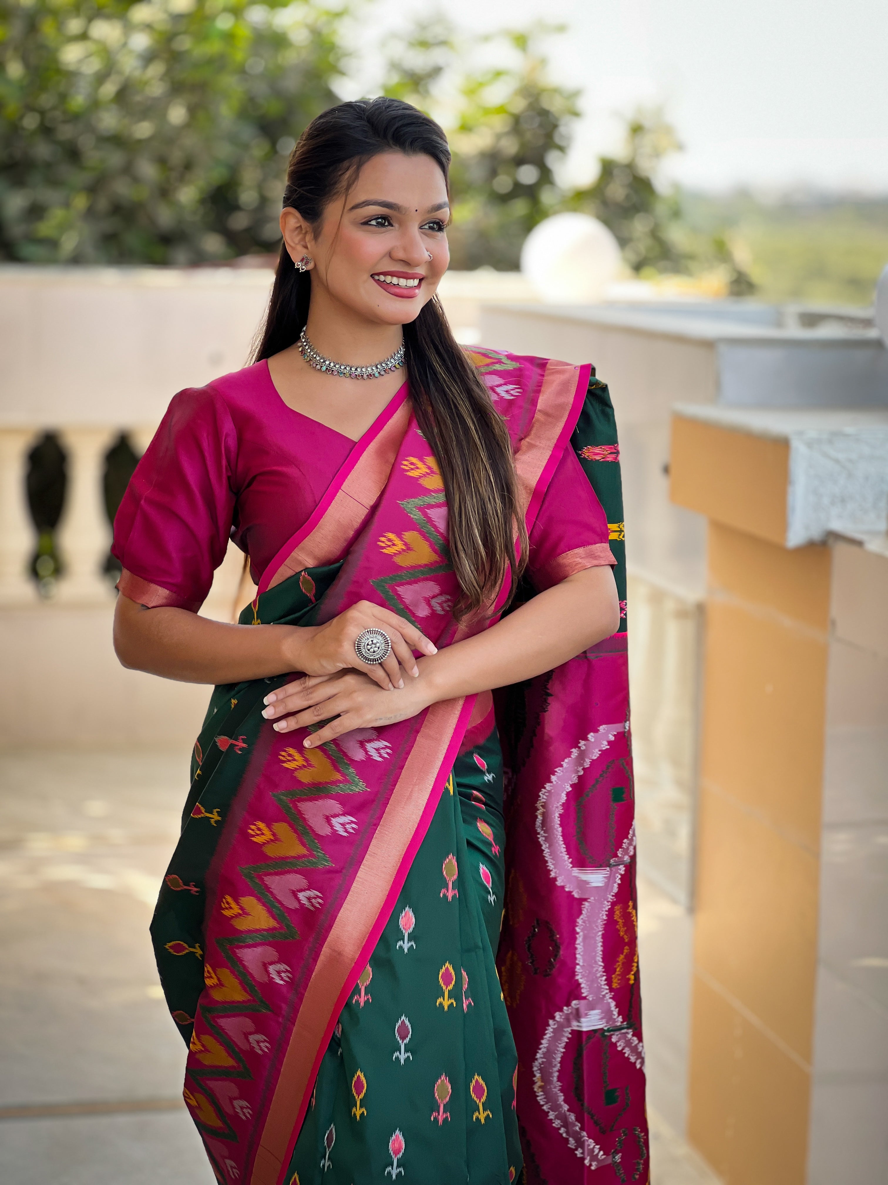 Stunning Bright Ikat Style Silk Saree