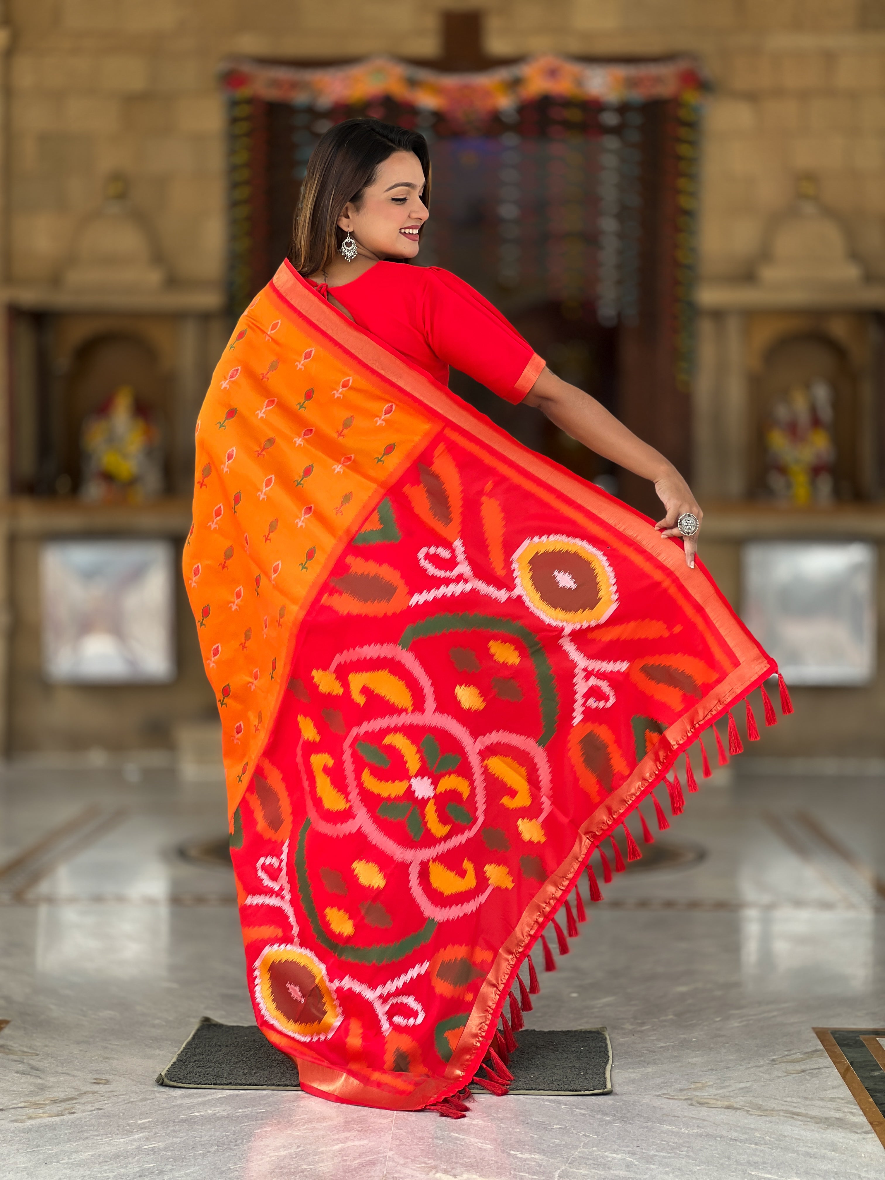 Stunning Bright Ikat Style Silk Saree