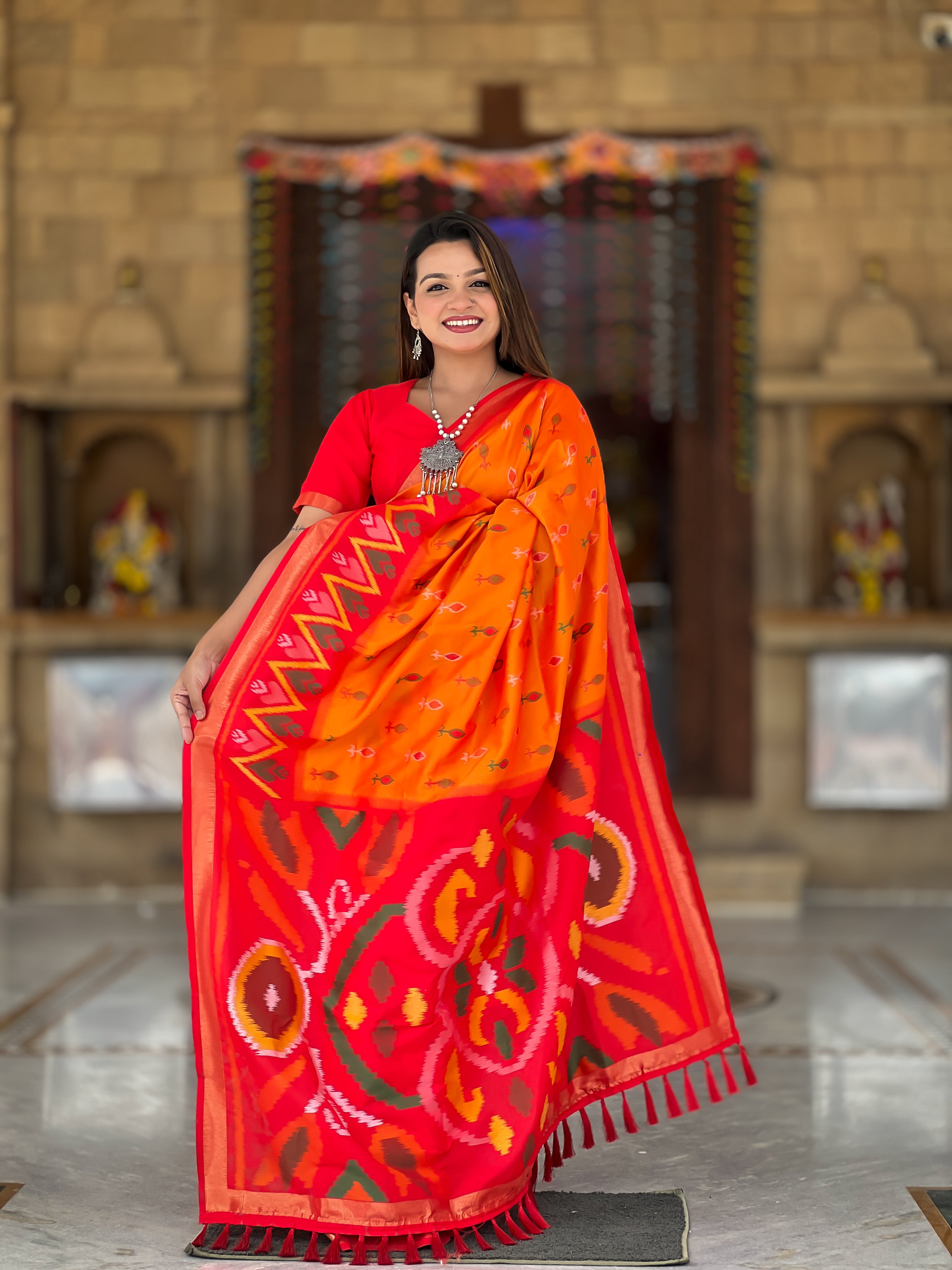 Stunning Bright Ikat Style Silk Saree