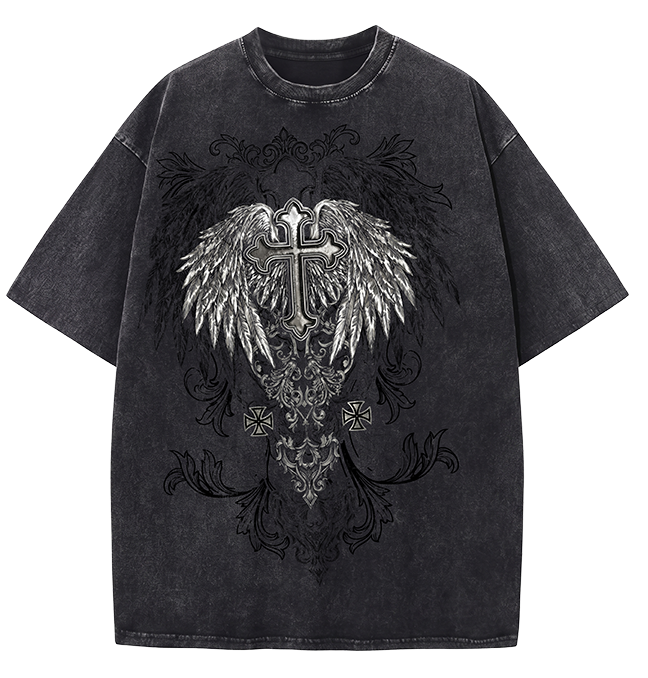 Black t-shirt with angel wings and cross design on a white background