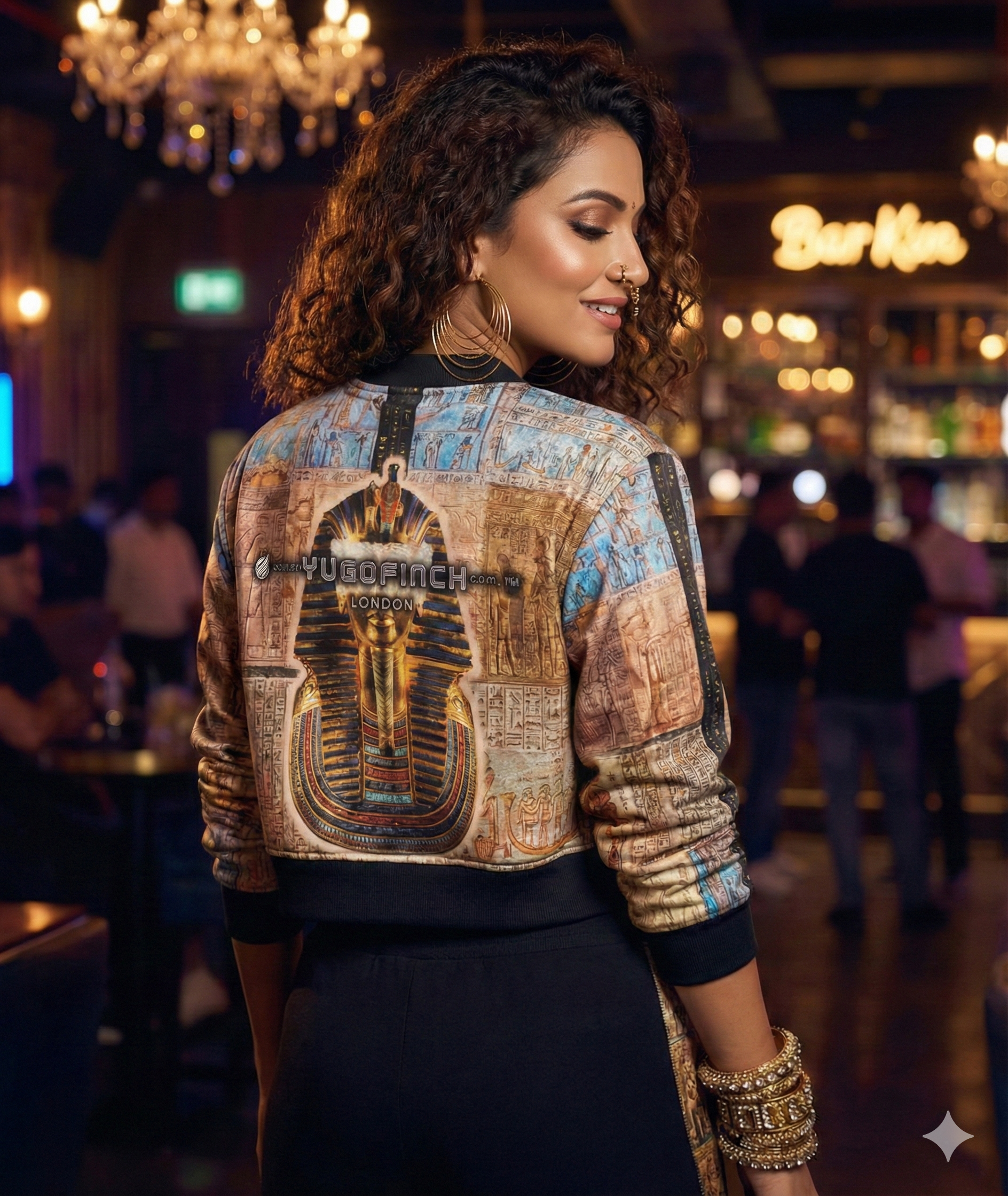 Women's 240 GSM premium all over printed poly brushed fleece QUEEN Bomber Jacket.