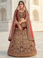 Red Sequins Velvet Bridal Lehenga Choli With Dupatta