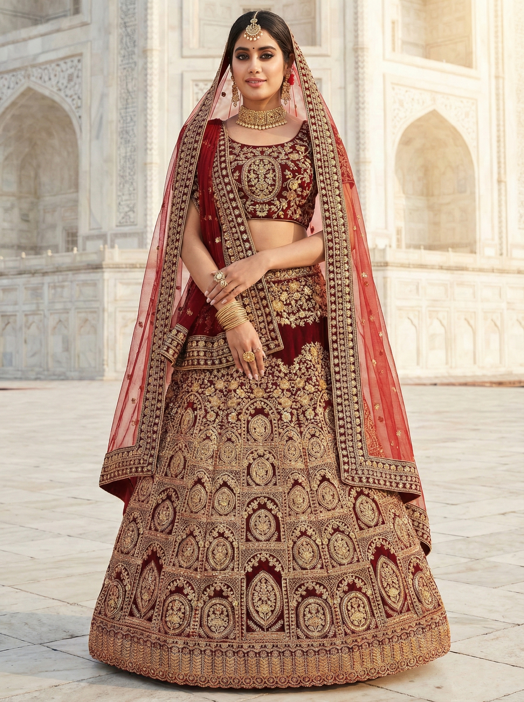 Red Sequins Velvet Bridal Lehenga Choli With Dupatta