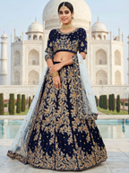 Navy Blue Heavily Embroidery Velvet Wedding Lehenga Choli