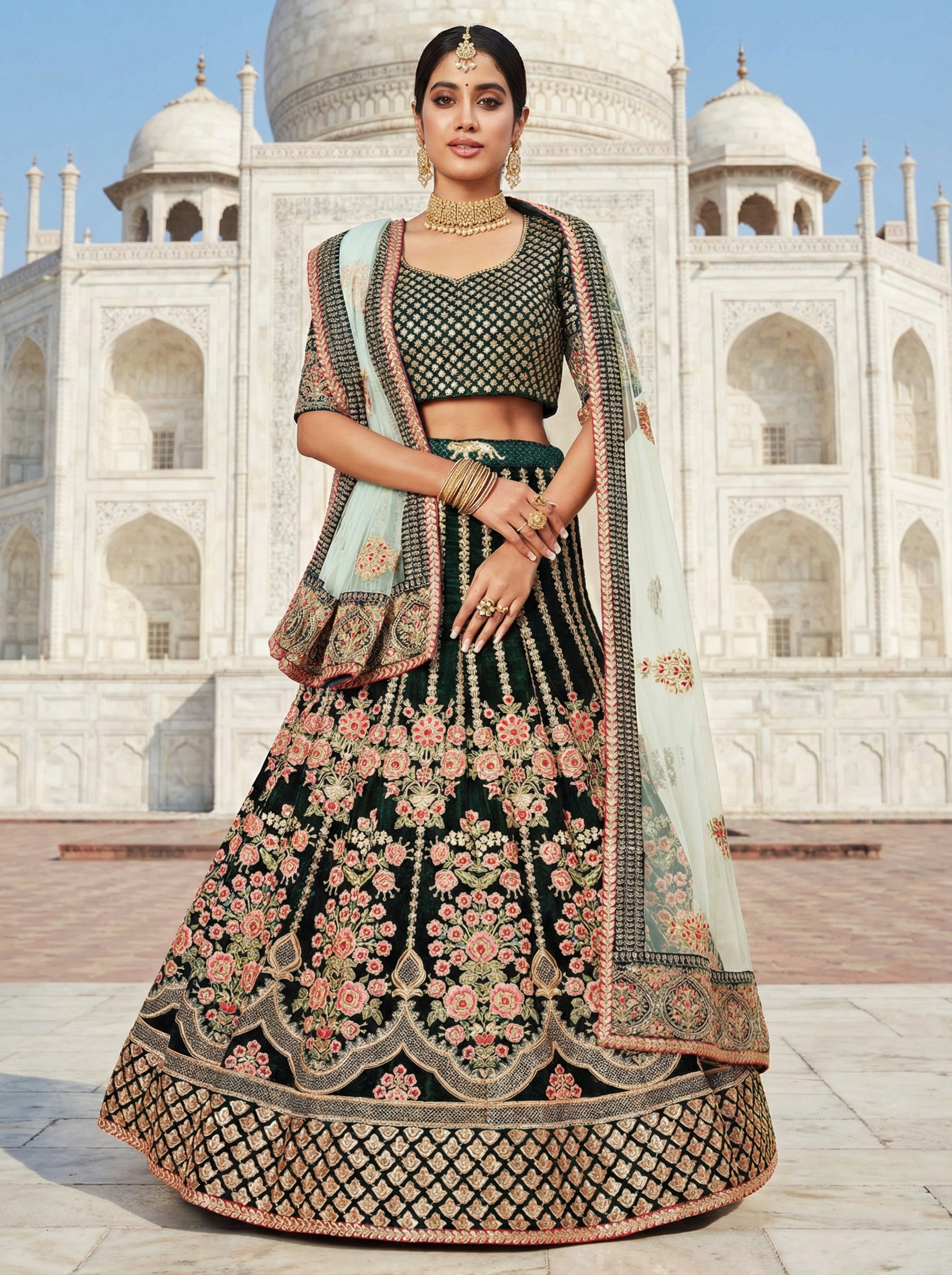 Green Embroidered Velvet Bridal Lehenga Choli