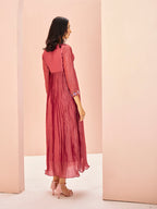 Coral Organza Designer Yoke Dress with Elegant Handwork