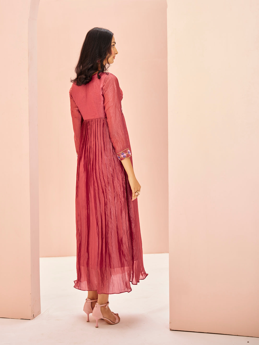 Coral Organza Designer Yoke Dress with Elegant Handwork