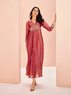 Coral Organza Designer Yoke Dress with Elegant Handwork