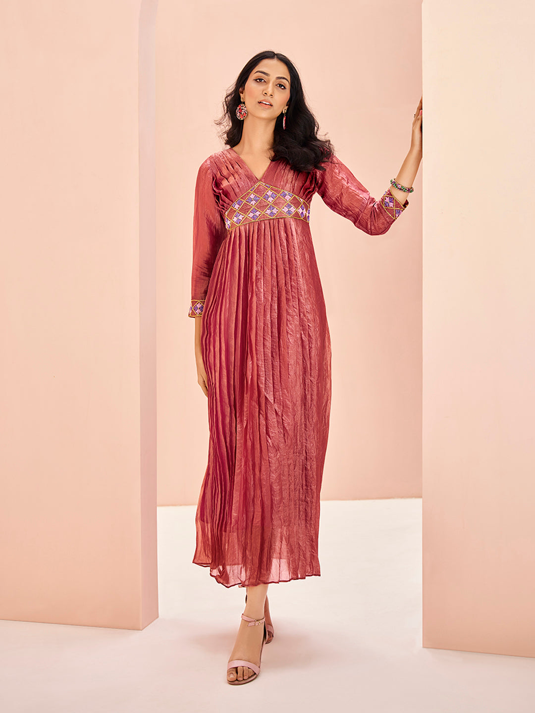 Coral Organza Designer Yoke Dress with Elegant Handwork