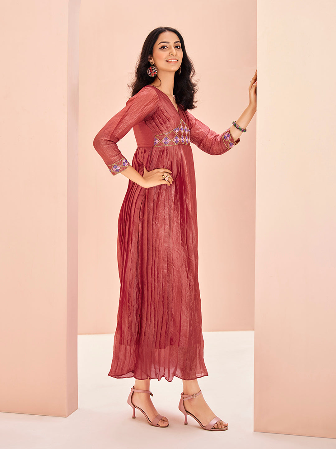 Coral Organza Designer Yoke Dress with Elegant Handwork