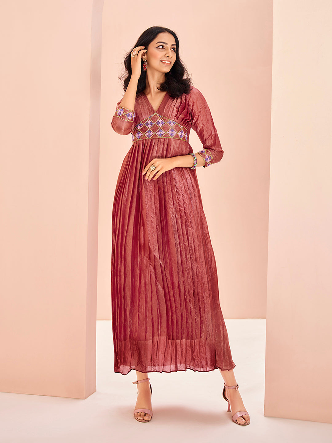 Coral Organza Designer Yoke Dress with Elegant Handwork