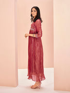 Coral Organza Designer Yoke Dress with Elegant Handwork