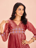 Coral Organza Designer Yoke Dress with Elegant Handwork