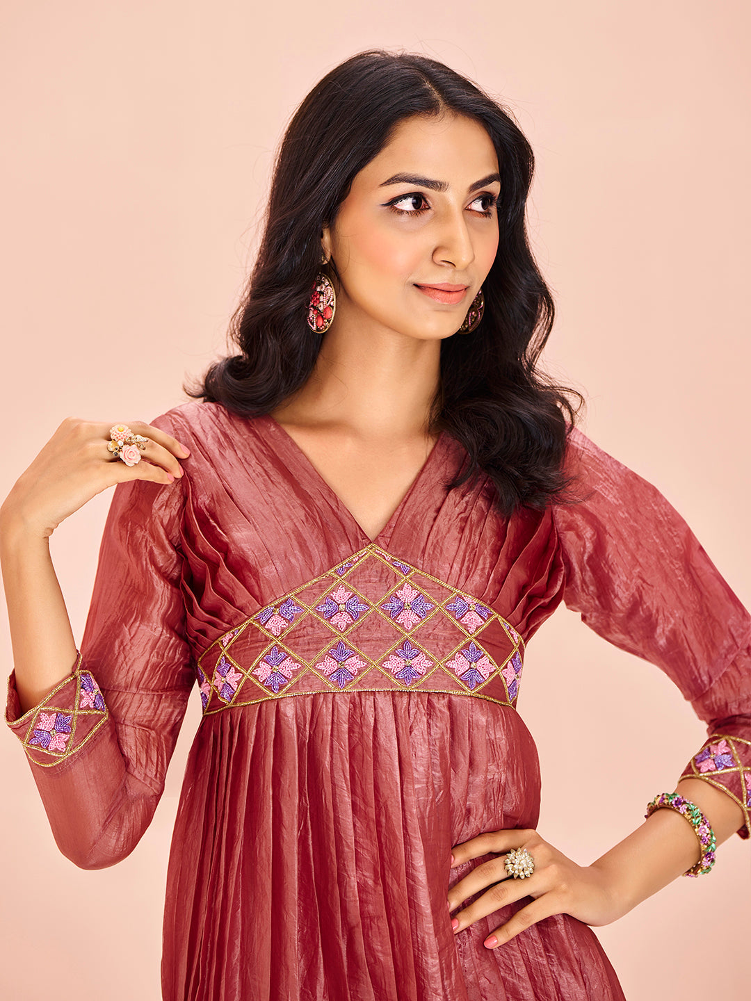 Coral Organza Designer Yoke Dress with Elegant Handwork