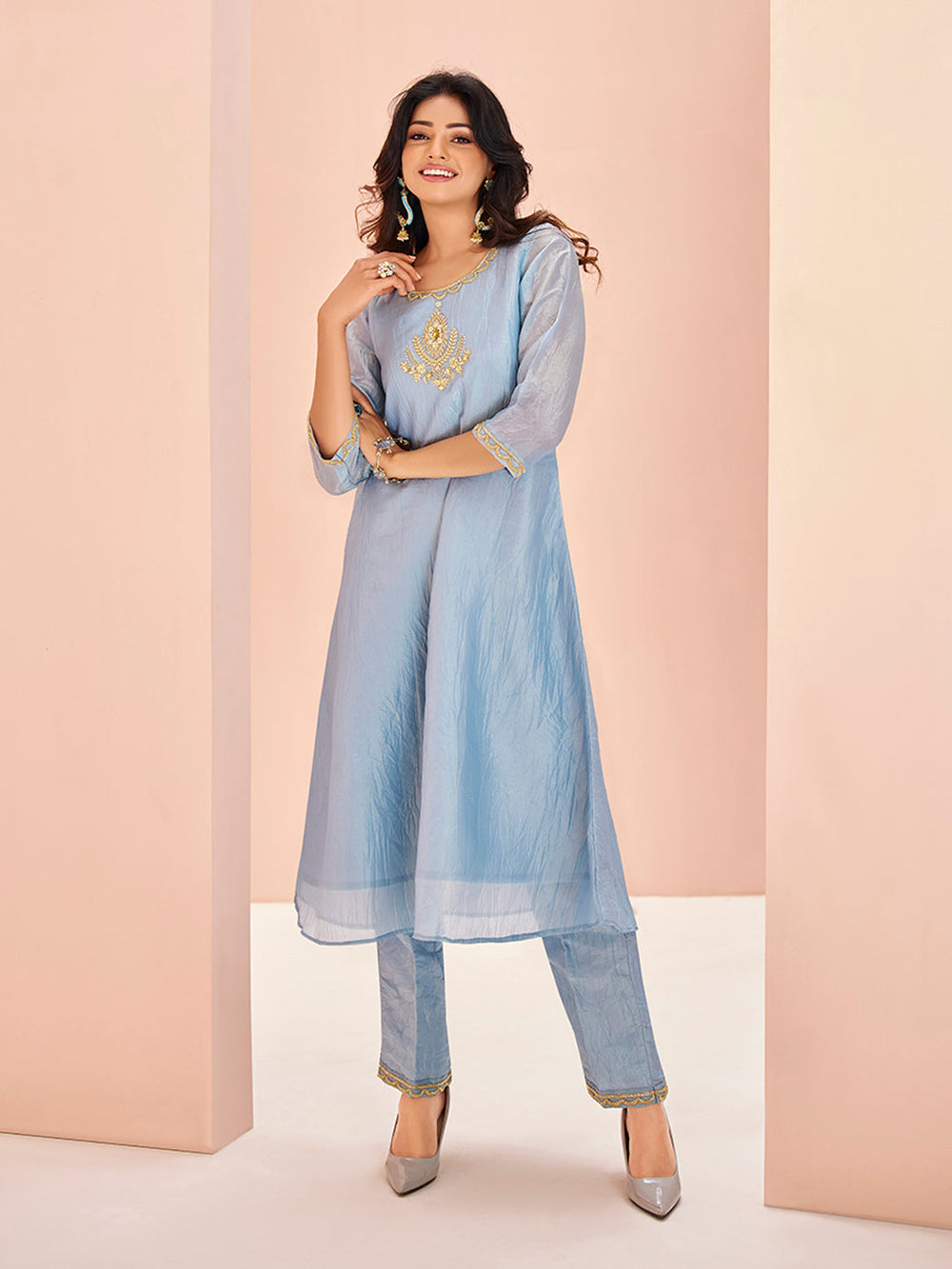 Teal Aura Hand Embroidered Organza Co-Ord Set for Festive Wear