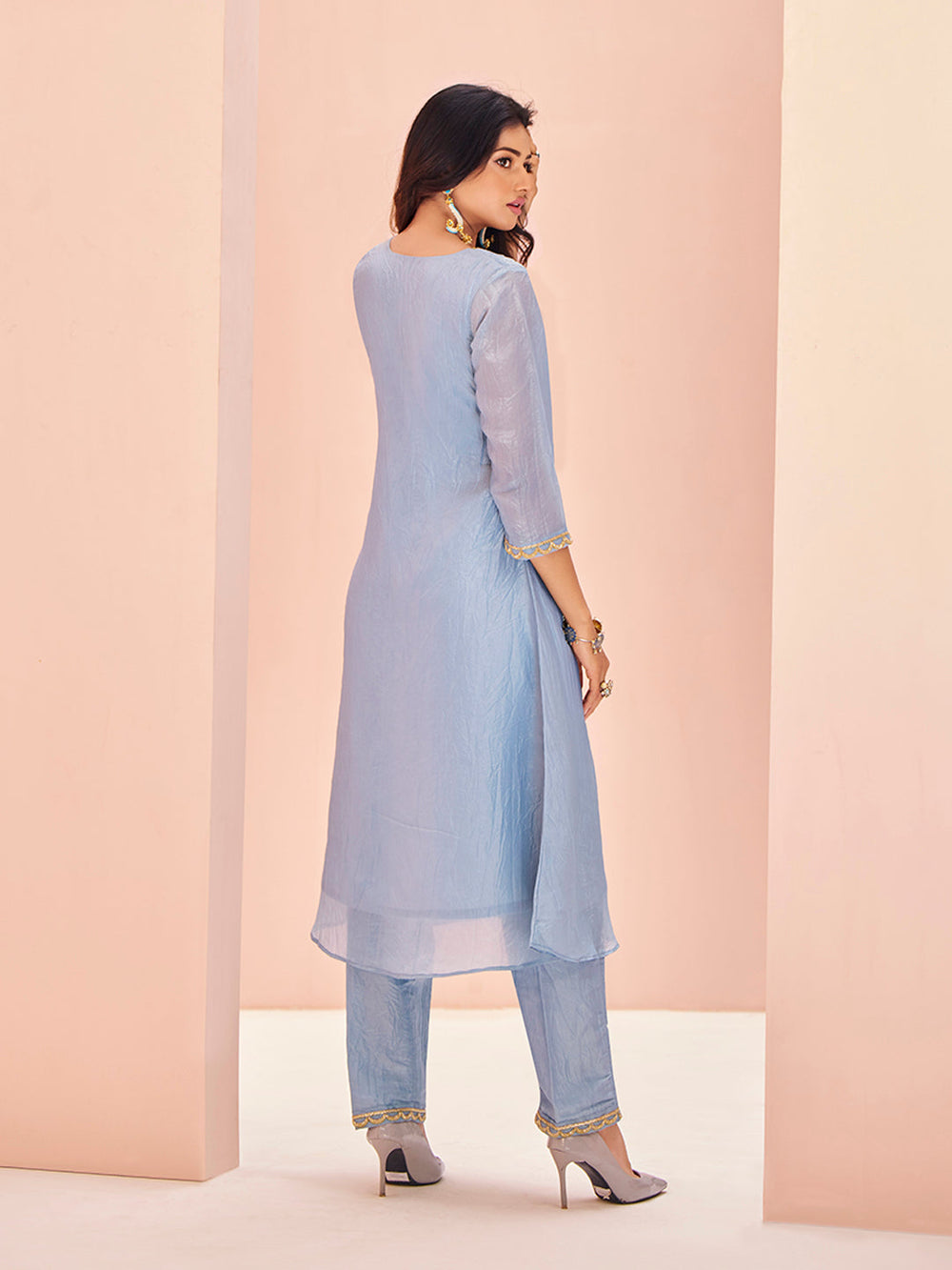 Teal Aura Hand Embroidered Organza Co-Ord Set for Festive Wear
