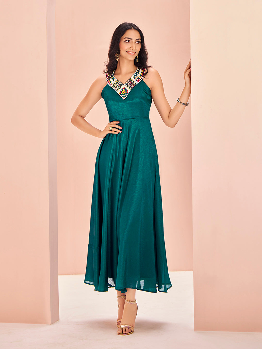 Teal Symphony Hand-Embroidered Chinon Dress for Festive Wear