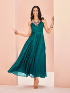 Teal Symphony Hand-Embroidered Chinon Dress for Festive Wear
