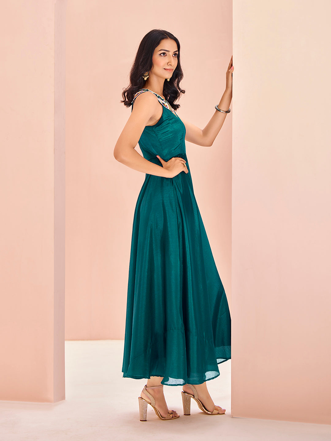 Teal Symphony Hand-Embroidered Chinon Dress for Festive Wear