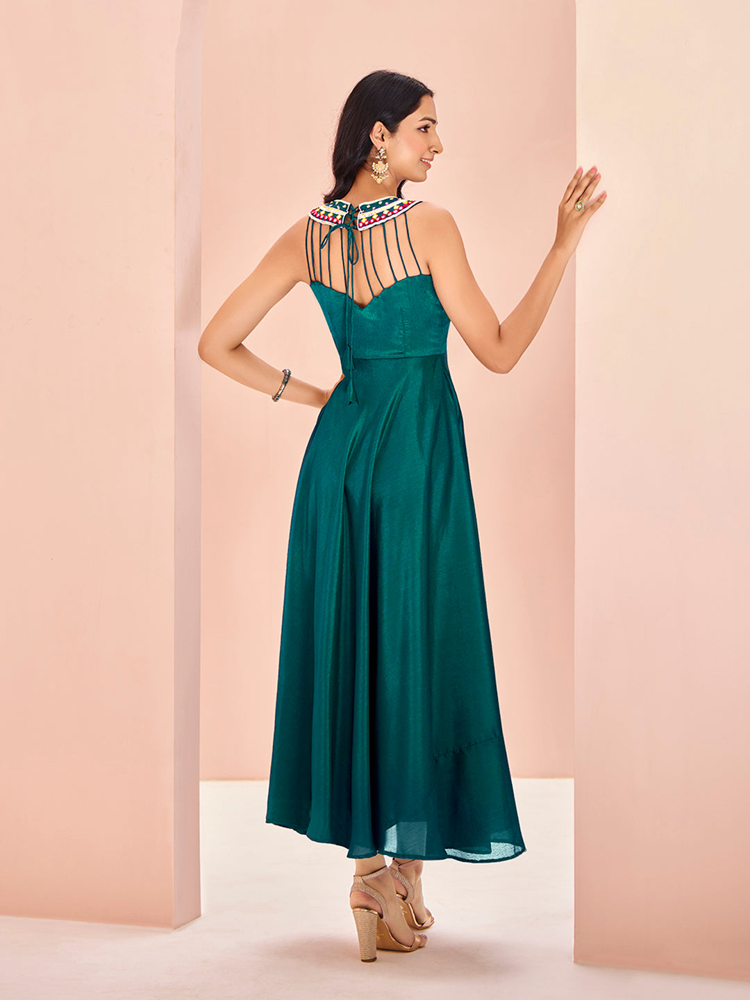 Teal Symphony Hand-Embroidered Chinon Dress for Festive Wear