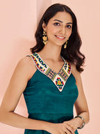 Teal Symphony Hand-Embroidered Chinon Dress for Festive Wear