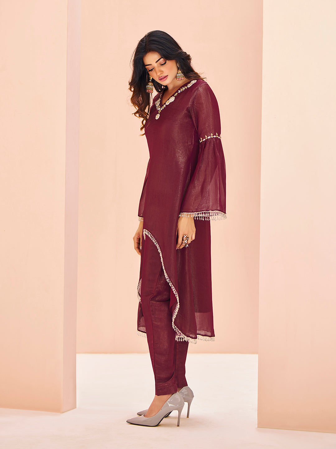Maroon Majesty Hand Embroidered Organza Co-Ord Set for Festive Wear