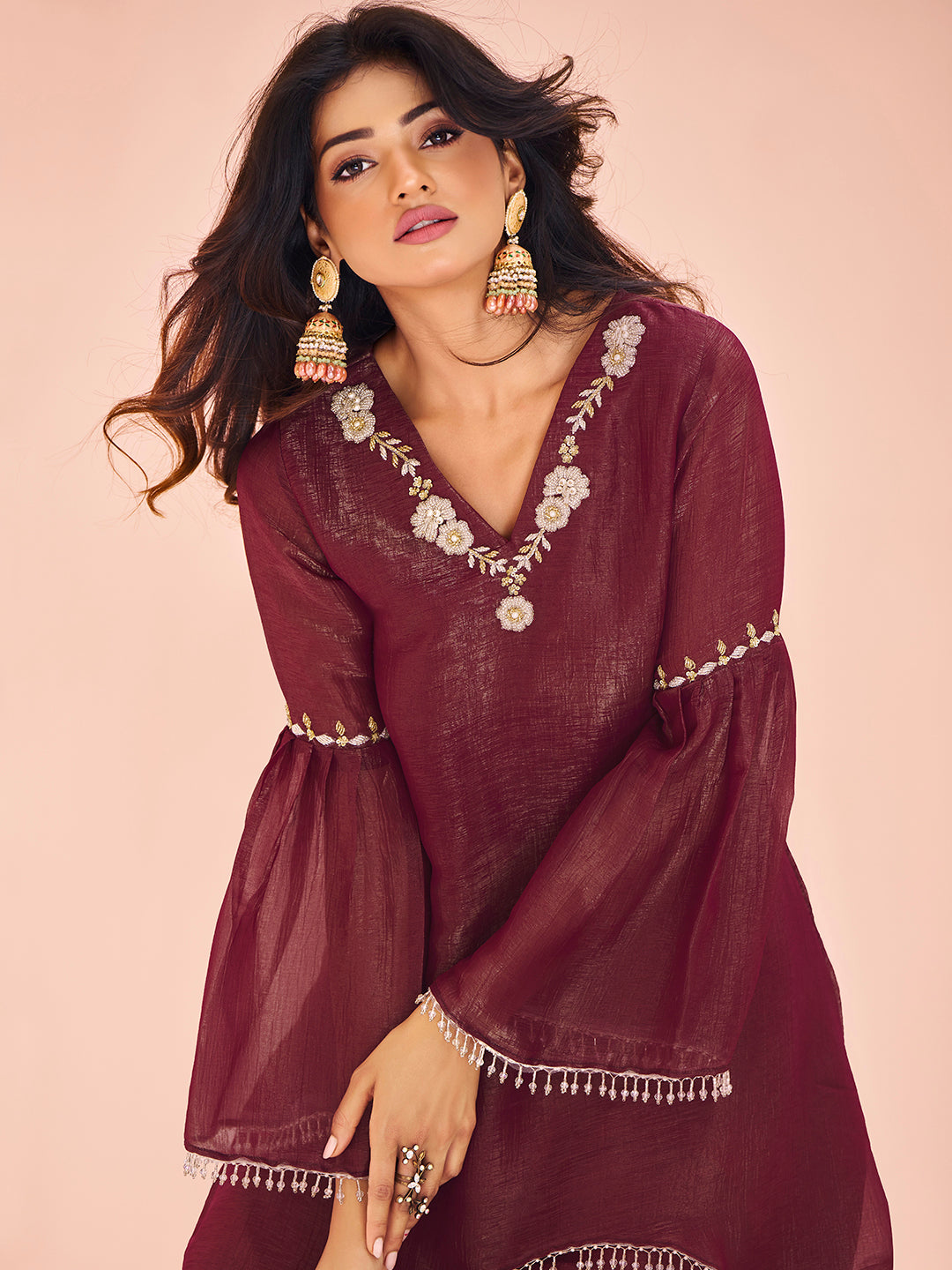 Maroon Majesty Hand Embroidered Organza Co-Ord Set for Festive Wear