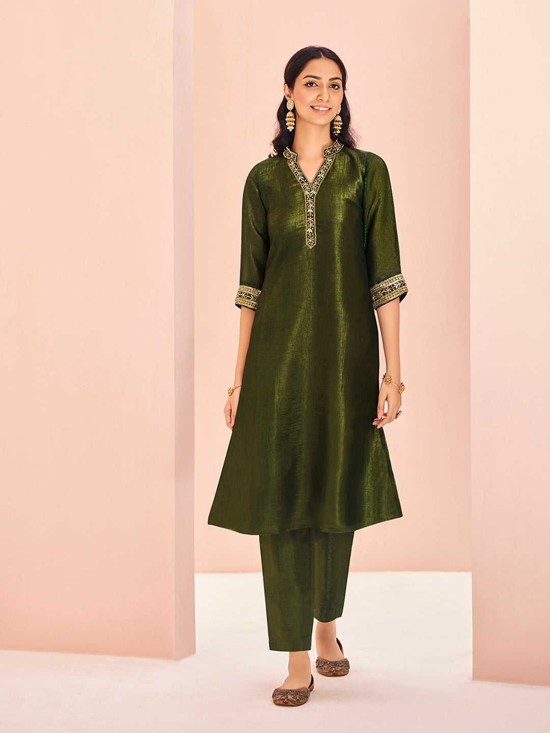 Olive Luxe Organza Hand Embroidered Co-Ord Set for Festive Wear
