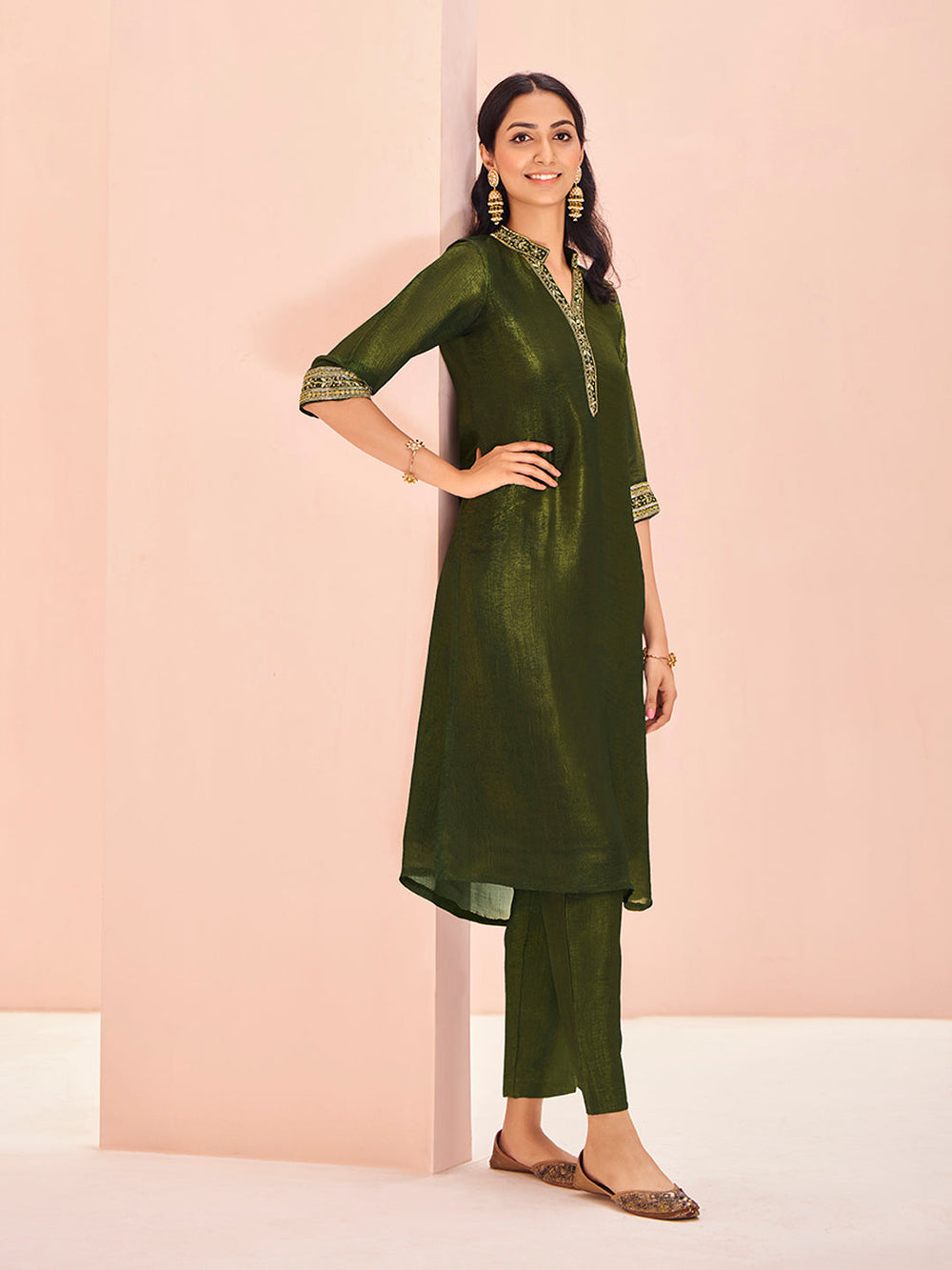 Olive Luxe Organza Hand Embroidered Co-Ord Set for Festive Wear