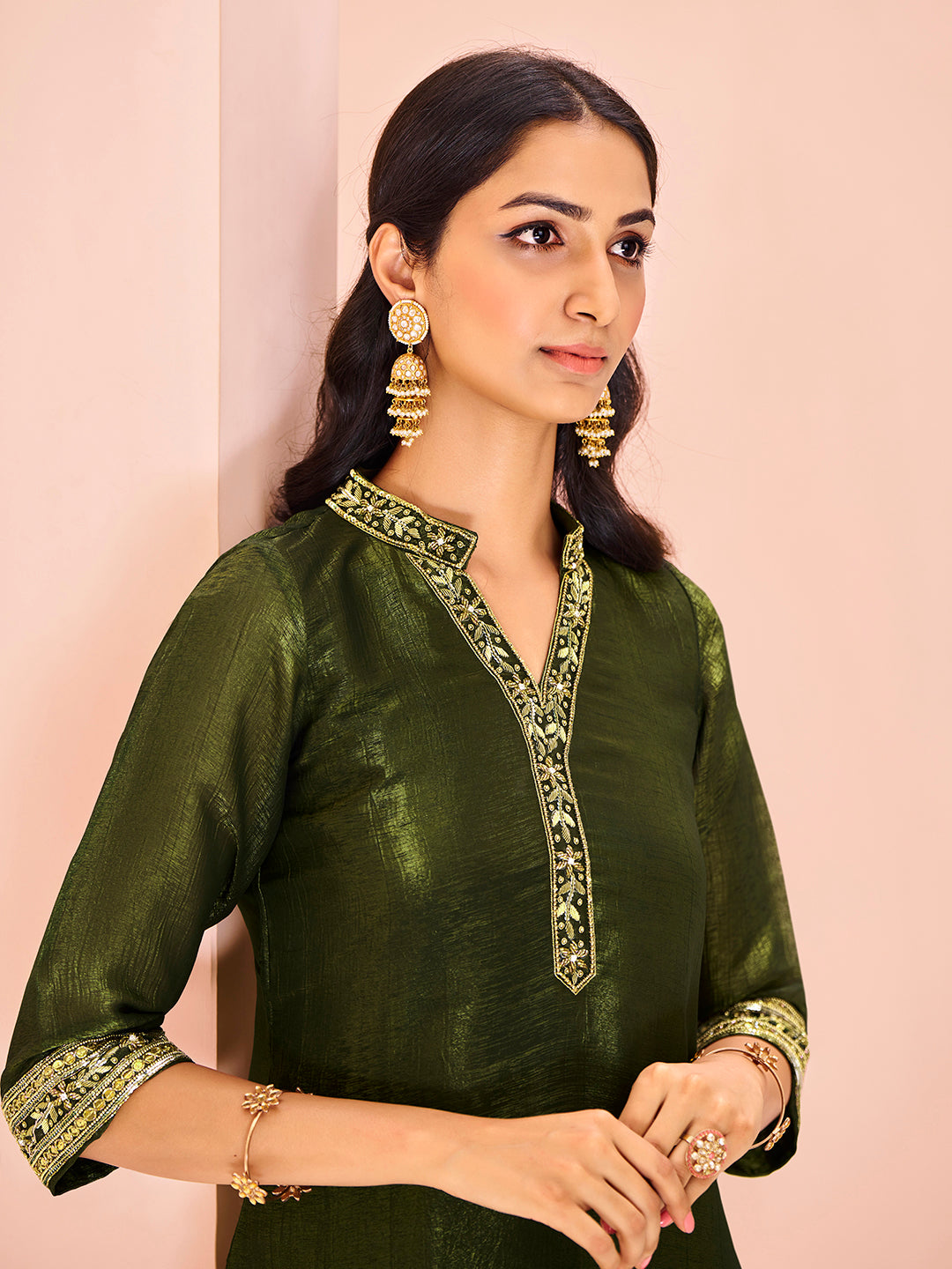 Olive Luxe Organza Hand Embroidered Co-Ord Set for Festive Wear