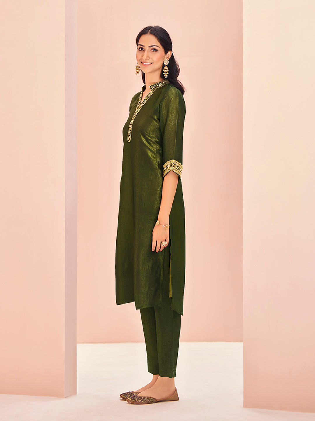 Olive Luxe Organza Hand Embroidered Co-Ord Set for Festive Wear