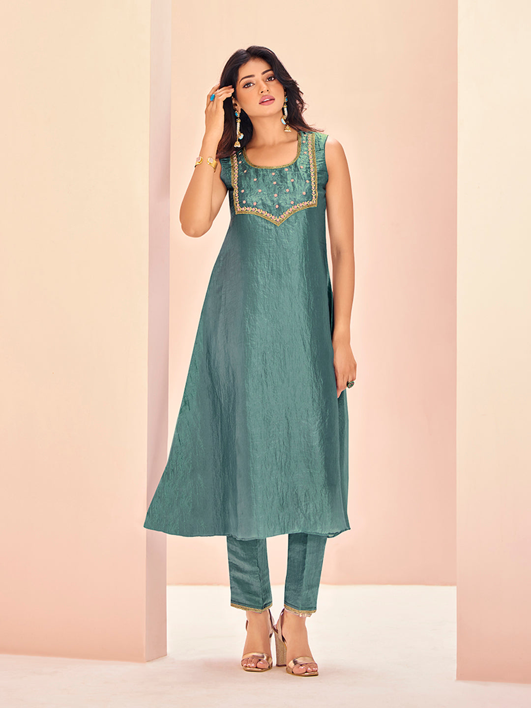 Serene Aqua Pure Organza Hand Embroidered Kurta and Pant Set
