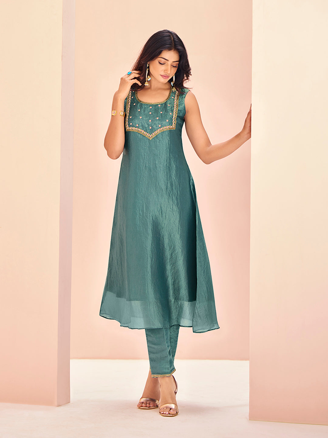 Serene Aqua Pure Organza Hand Embroidered Kurta and Pant Set