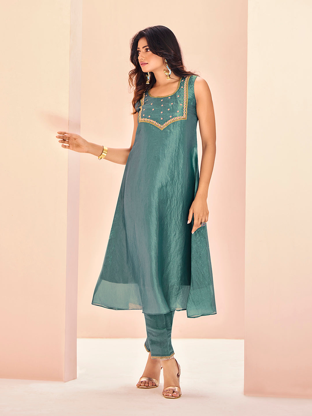 Serene Aqua Pure Organza Hand Embroidered Kurta and Pant Set