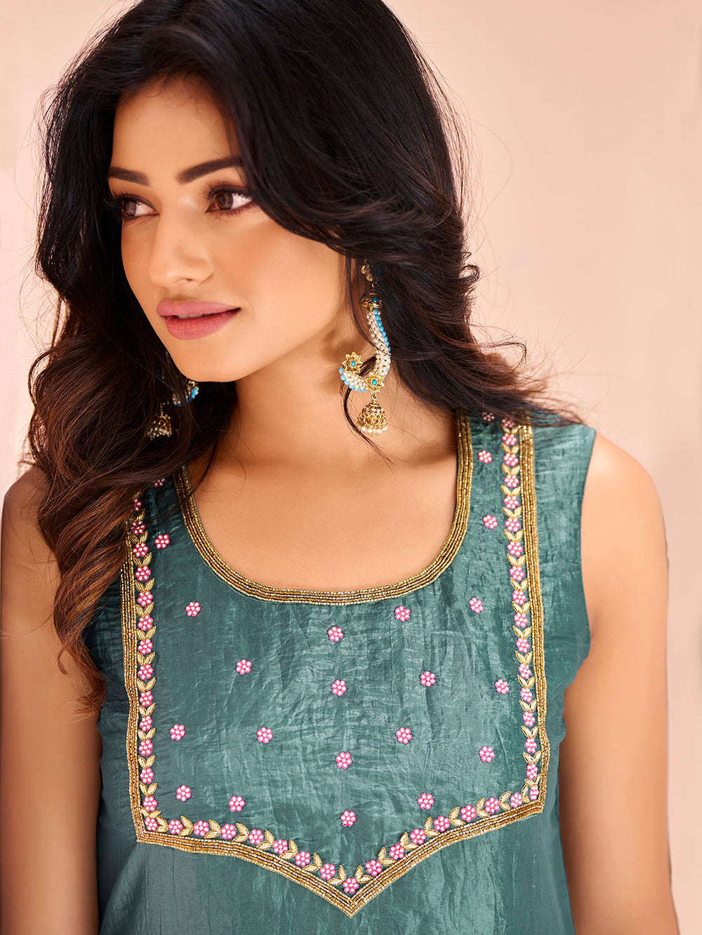 Serene Aqua Pure Organza Hand Embroidered Kurta and Pant Set