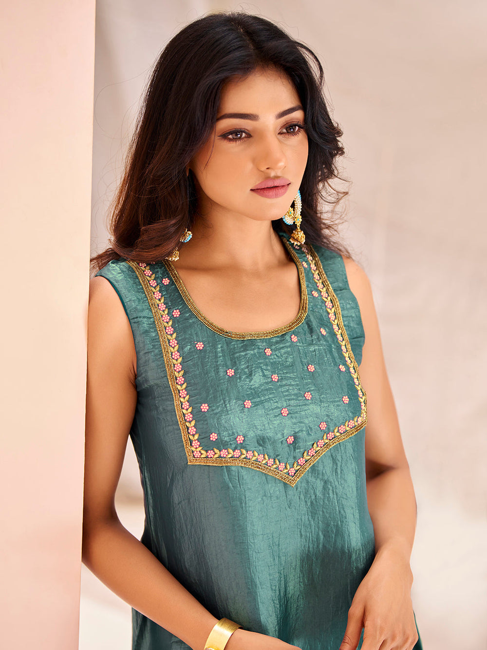 Serene Aqua Pure Organza Hand Embroidered Kurta and Pant Set