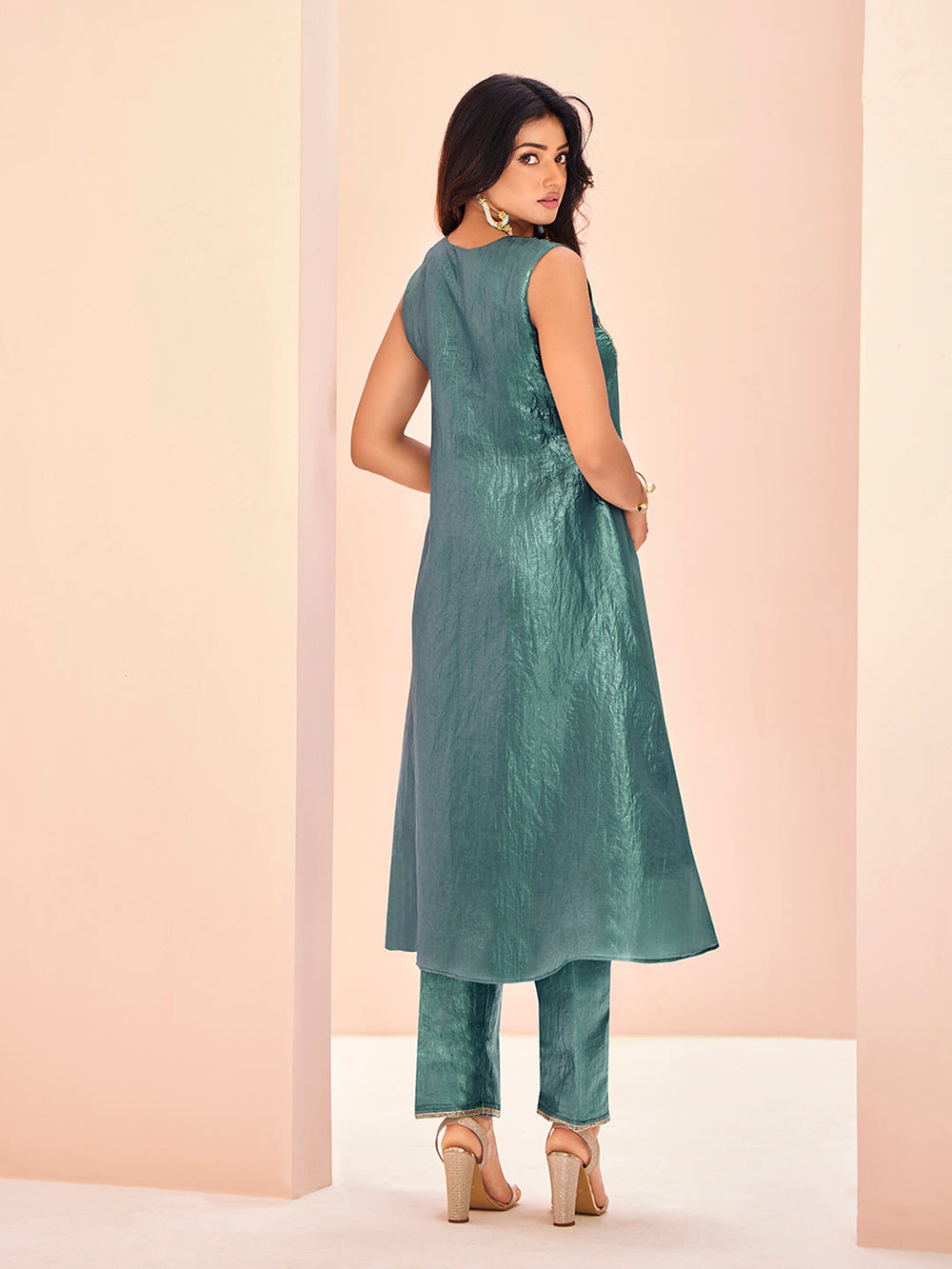 Serene Aqua Pure Organza Hand Embroidered Kurta and Pant Set