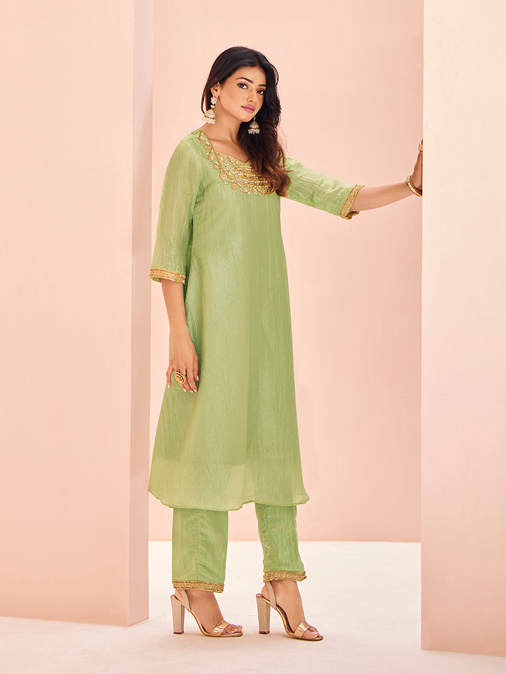 Serene Light Green Pure Organza Handwork A-Line Kurta Set