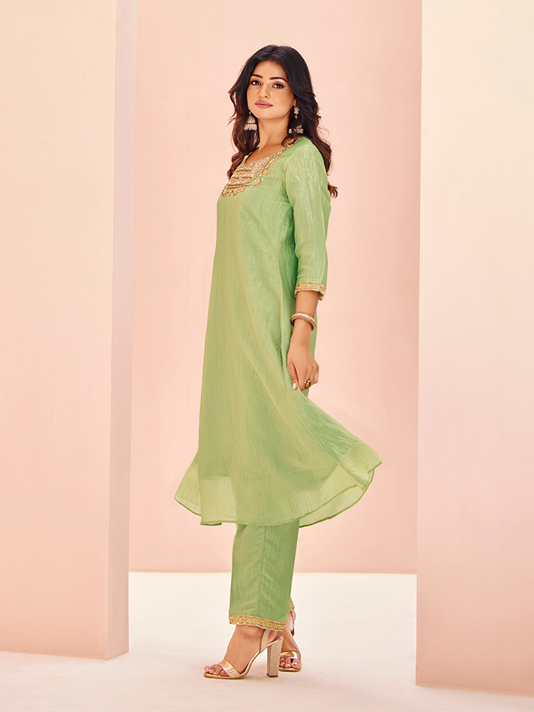 Serene Light Green Pure Organza Handwork A-Line Kurta Set