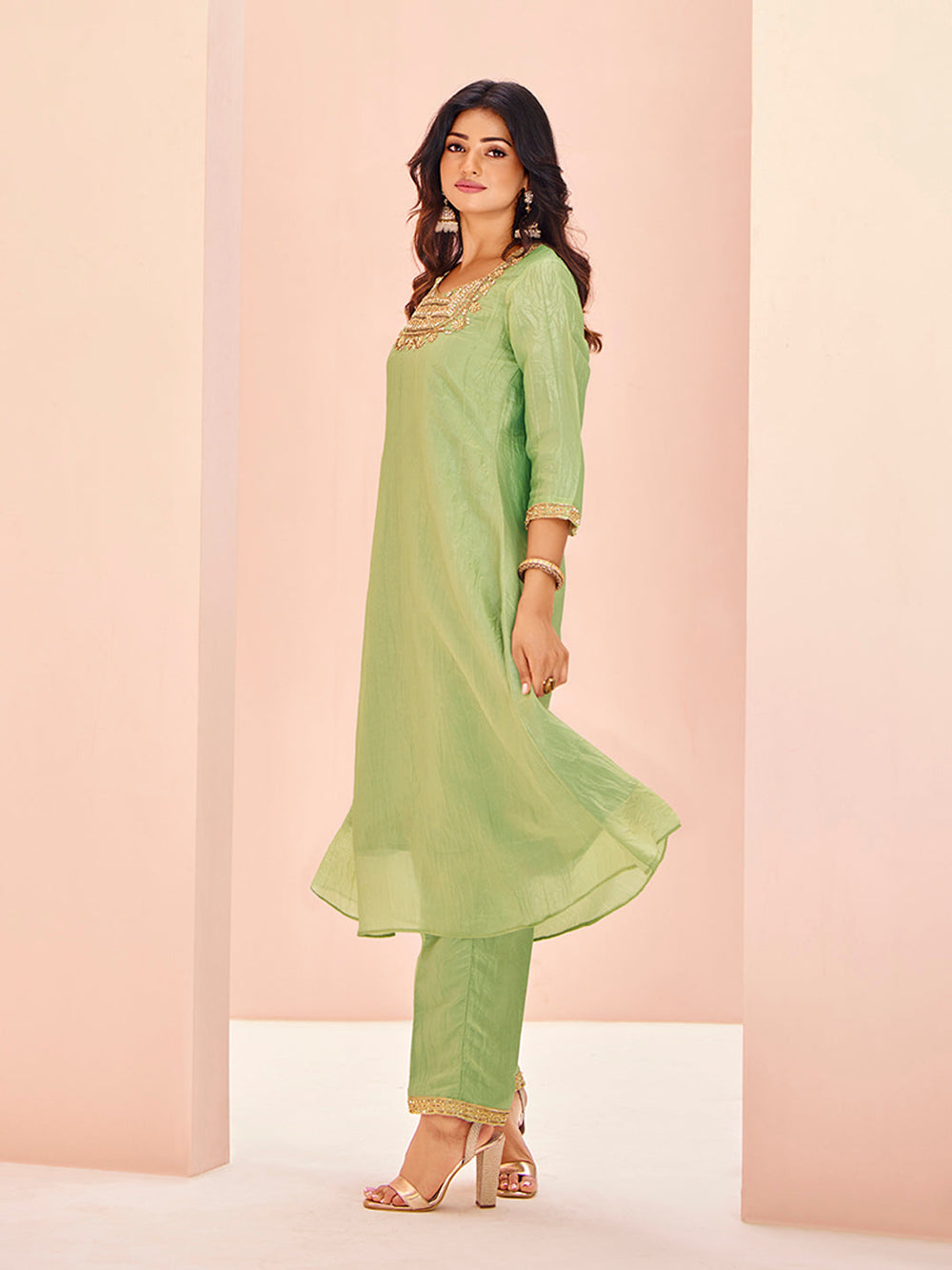 Serene Light Green Pure Organza Handwork A-Line Kurta Set