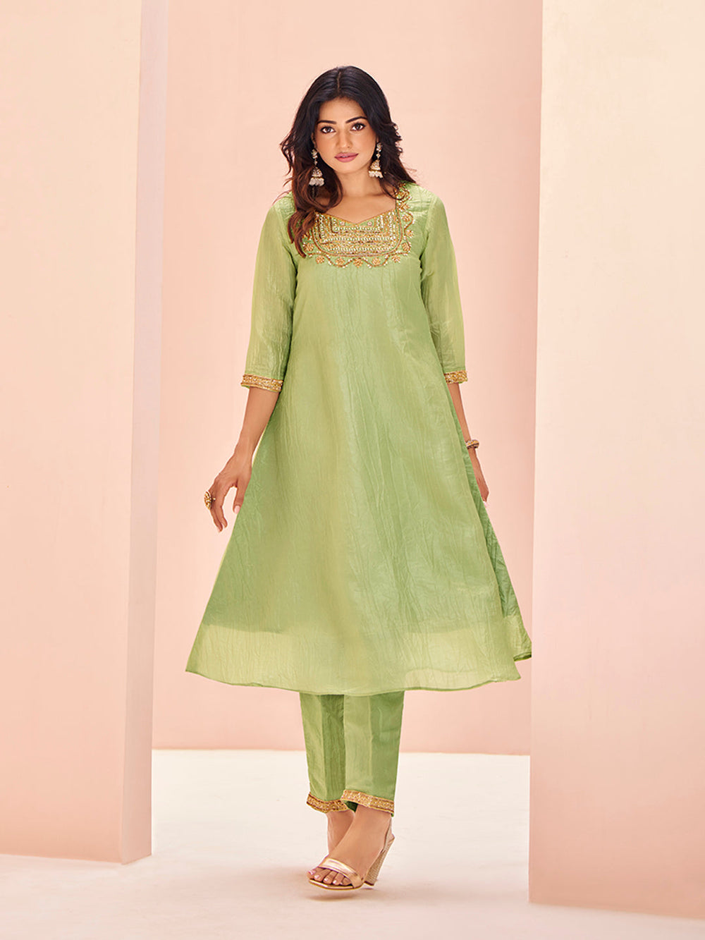 Serene Light Green Pure Organza Handwork A-Line Kurta Set