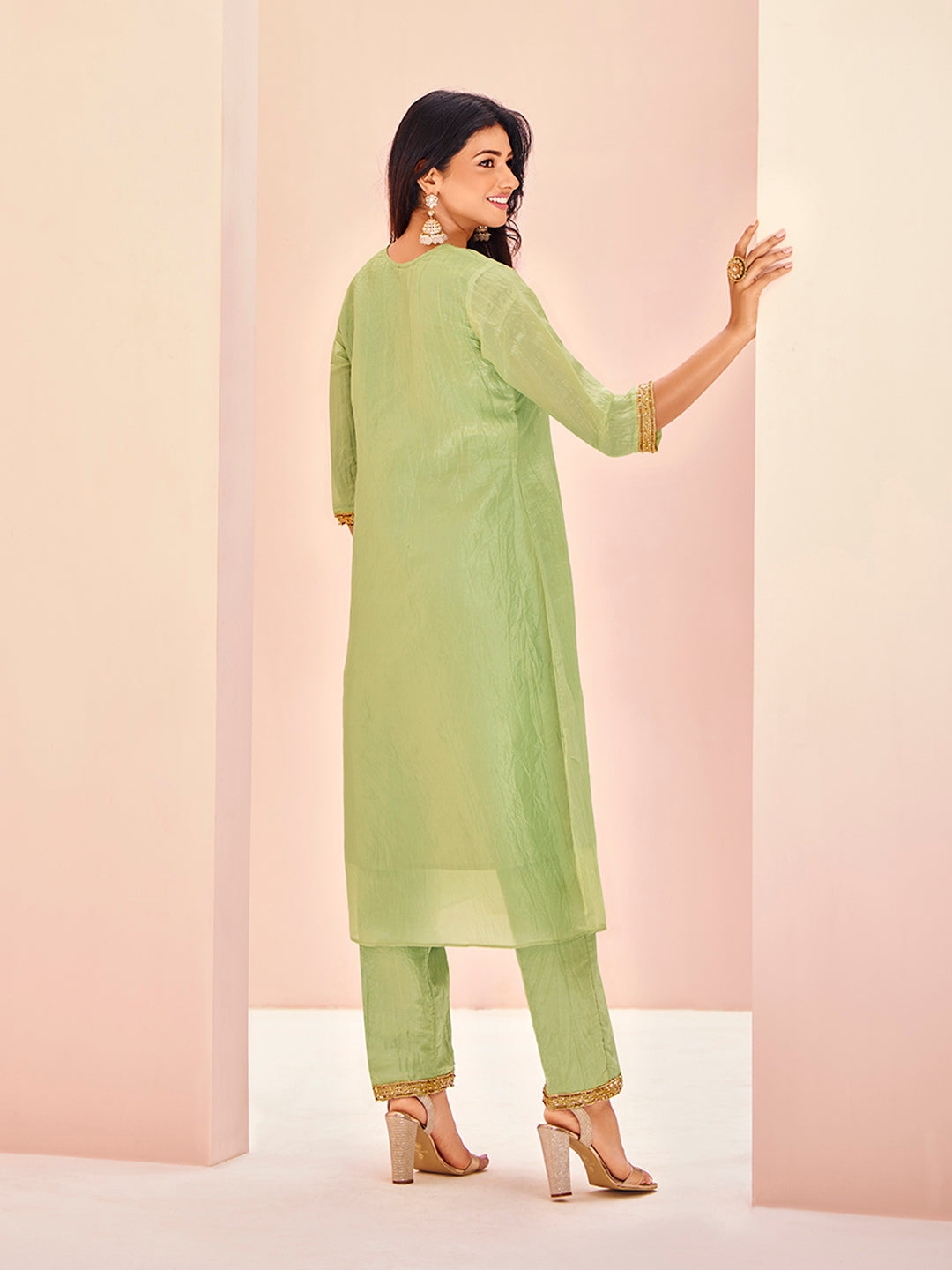 Serene Light Green Pure Organza Handwork A-Line Kurta Set