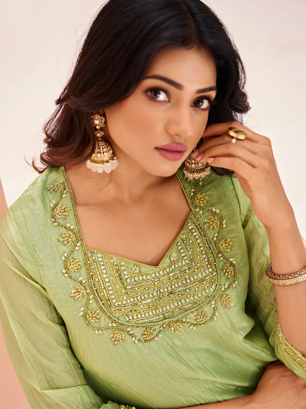 Serene Light Green Pure Organza Handwork A-Line Kurta Set