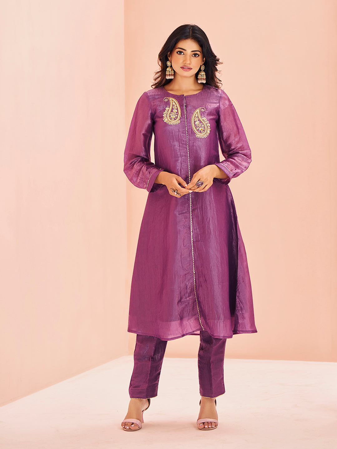 Royal Paisley Embellished Purple Organza Kurta Set for Festive Wear