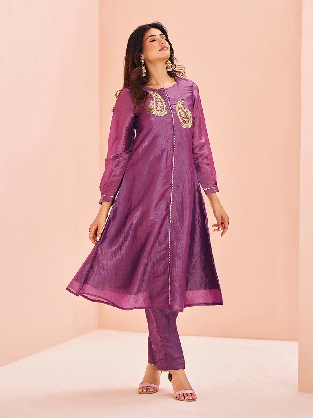 Royal Paisley Embellished Purple Organza Kurta Set for Festive Wear